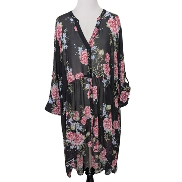Torrid Floral Sheer Tunic Womens Size 3X Black Hi Low Button Front V Neck Shirt - Picture 1 of 15